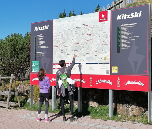 Panorama information system with Almdudler advertising board in the Kitzbühel ski area