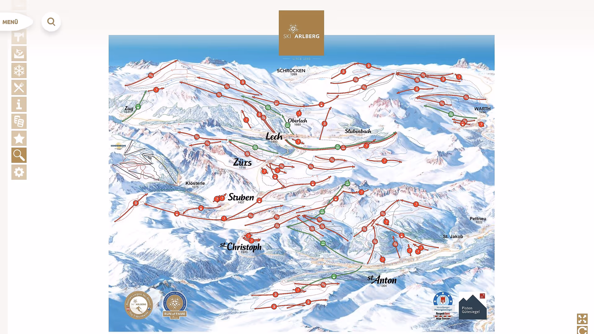 Skimap - Bildschirmdarstellung der Skiregion Ski Arlberg