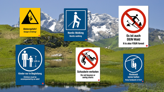 Systemtafel-Collage mit Warn-, Gebots und Verbotsschildern für Sommerbergregionen
